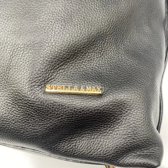 Stella & Max Leather Tote Hand Bag Purse BLACK Top Zipper Gold Accents - Picture 4 of 9